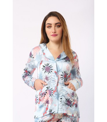 Chemise avec manche -Satin - Imprimé Bleu