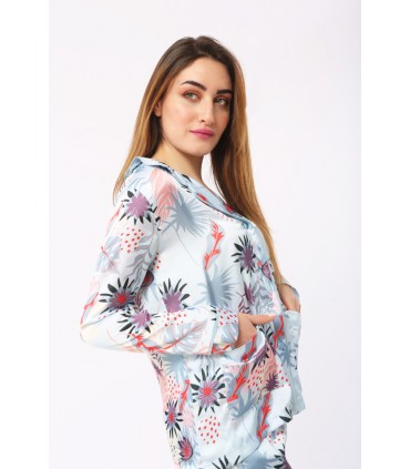 Chemise avec manche -Satin - Imprimé Bleu