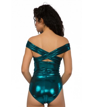 Maillot bandeau avec epaule denudé - lamé Bleu