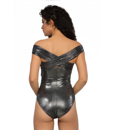 Maillot bandeau avec epaule denudé - Gris lamé