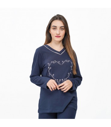 Tee-shirt manche longue Col V - Coton - Bleu Marine