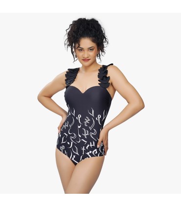 Maillot bandeau avec grand Volant - Noir Calligraphie