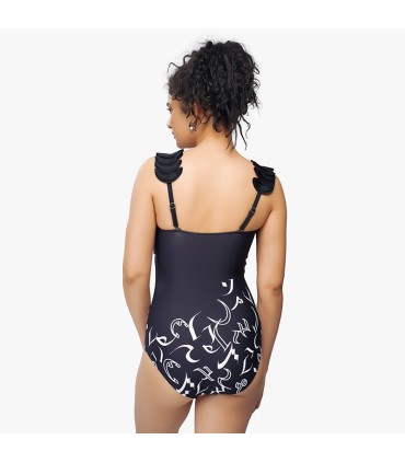 Maillot bandeau avec grand Volant - Noir Calligraphie