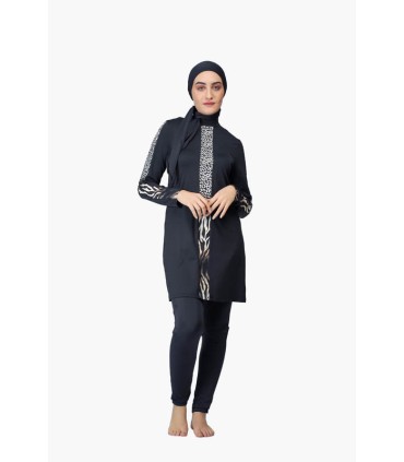 Maillot femme voilée noir avec bande zèbre