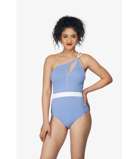 Maillot je m'en fou goutte + biais blanc - bleu lavande -