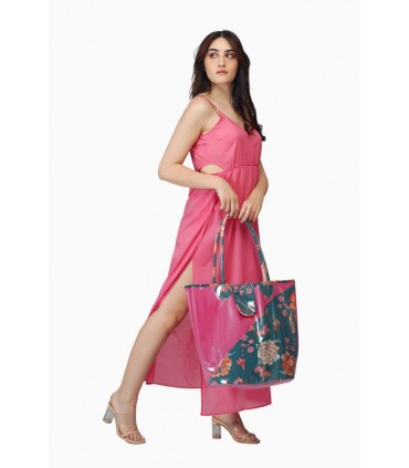 sac de plage -plastifié - rose floral-