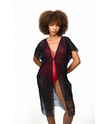CACHE MAILLOT -KIMONO - DENTELLE - noir
