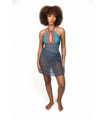 Paréo patchwork - large - tulle - petits points bleu-